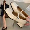 Women's Retro French Mary Jane Square Toe Leather Shoes, 2025 Spring/Autumn, Chunky Heel, Versatile Low-Cut for Skirts
