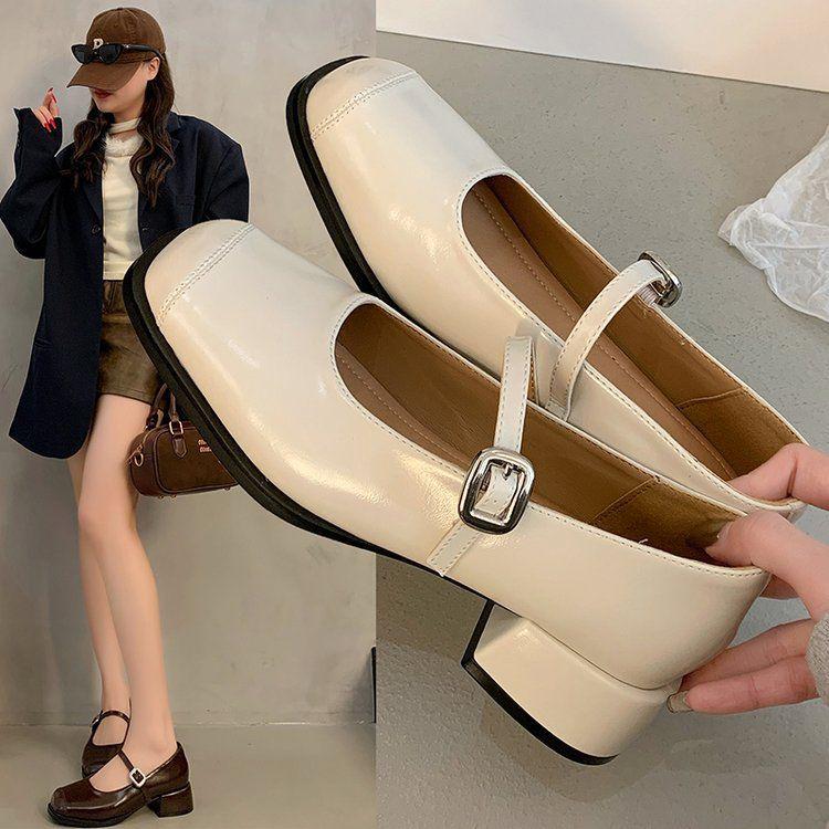 Women's Retro French Mary Jane Square Toe Leather Shoes, 2025 Spring/Autumn, Chunky Heel, Versatile Low-Cut for Skirts