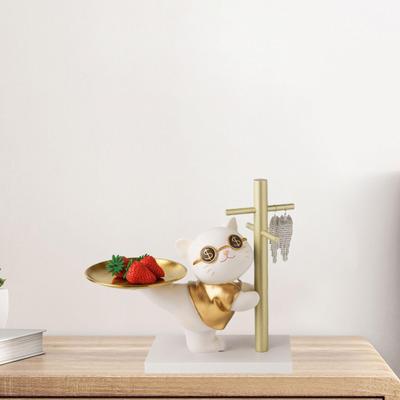Good Luck Cat Statue Storage Tray with Display Rack 29x15x27cm Versatile Tabletop Decoration Resin