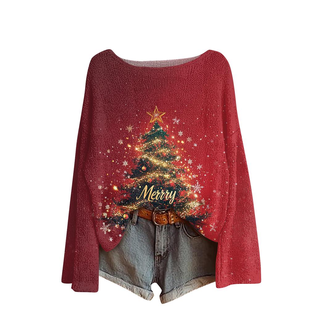 Ladies' Fashionable Casual Long Sleeved Christmas Printed Round Neck Knitted Yarn