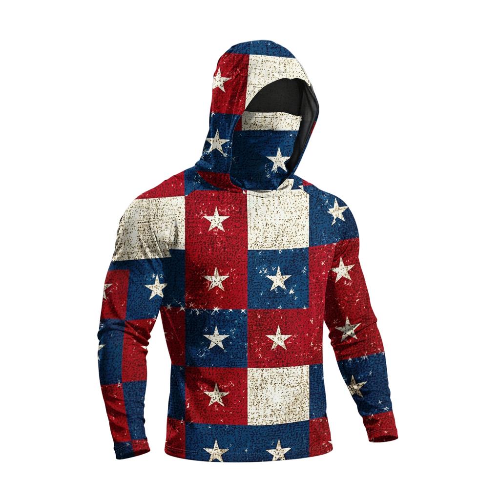 Men's Long Sleeve Lightweight Hoodie with Drawstring Hood and Face Covering Flag Print Casual Pullover Top