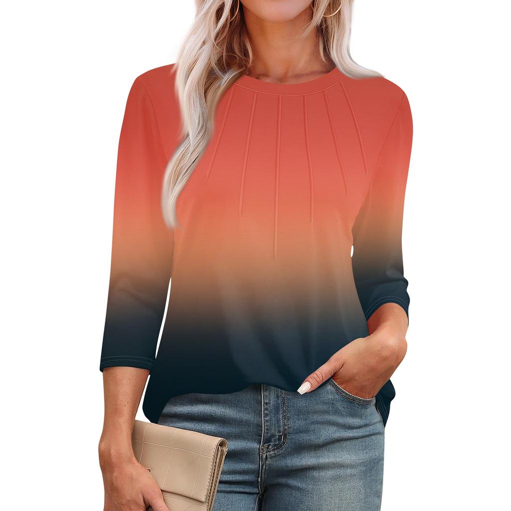 Omen's Modisches Rundhals 3/4-Ärmel Bedrucktes Lässiges Basic Plissiertes Pullover T-Shirt Top