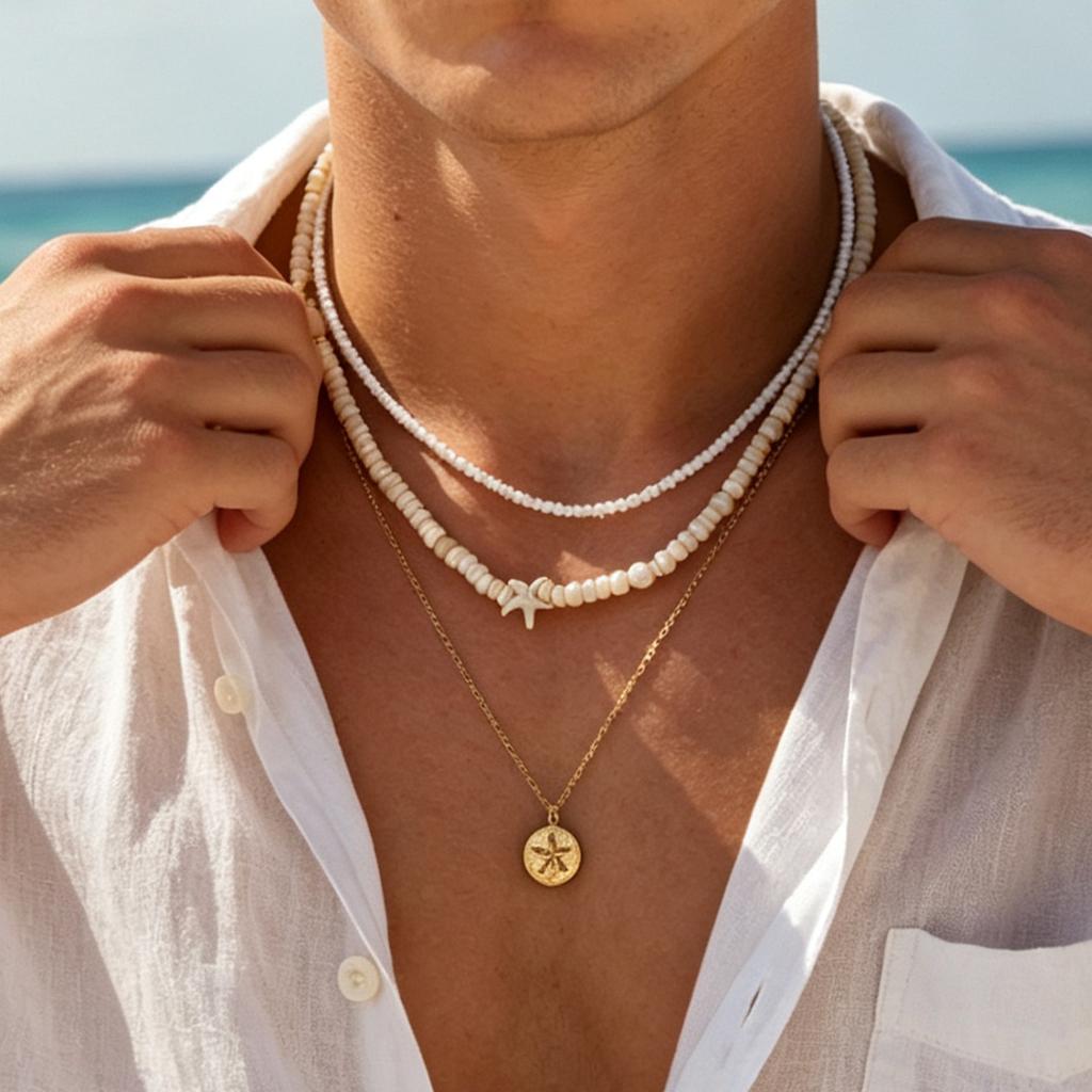 European and American Beach Vacation Style Starfish Jewelry Pendant Necklace High-end Men Stacked Beaded Light Luxury Collarbone Chain