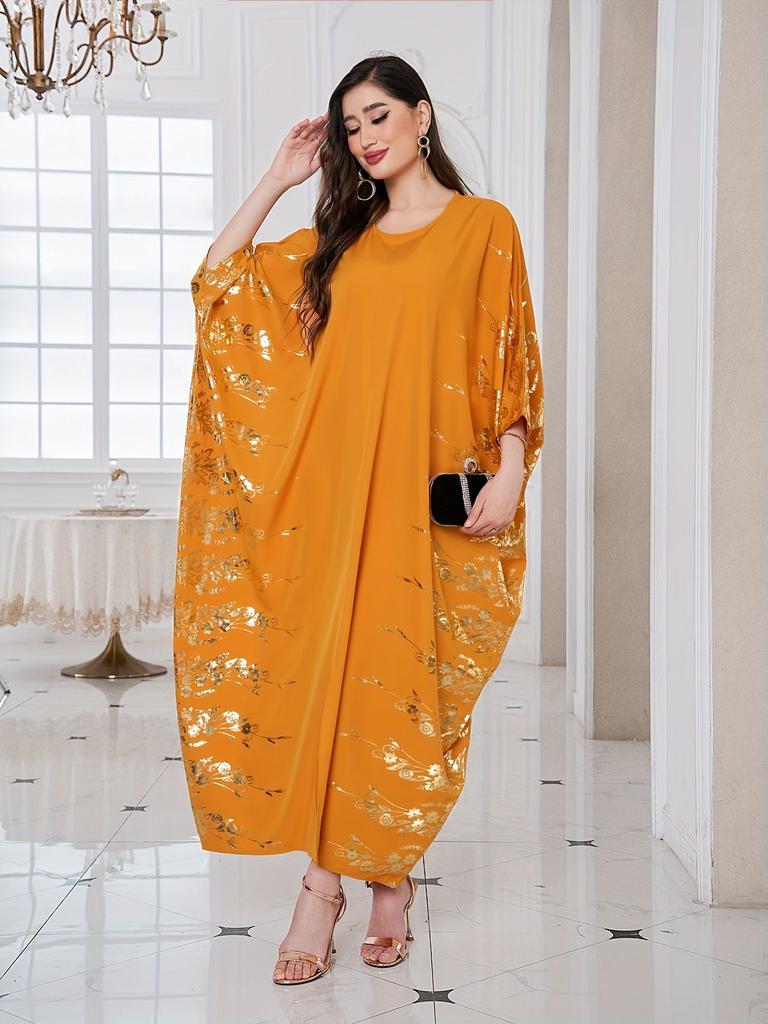 Caftano con stampa floreale Ramadan, scollo rotondo, elegante abito lungo con spacco e maniche a pipistrello, abbigliamento da donna