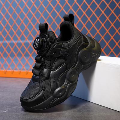Babu Bean Boys Shoes Spring and Autumn Children's Black Sneakers Medium Older Children's Rotating Button Small Black Shoes Girls' Shoes