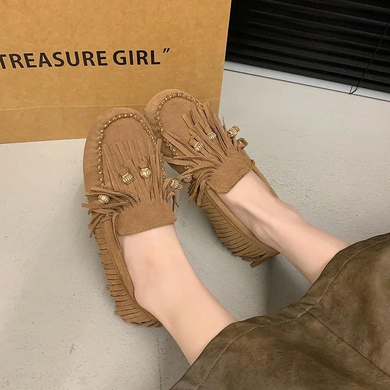 Fashion Flats Luxury Summer All-match Flat Bean Shoes Slip-on Lazy Women's Shoes Soft Soles Shallow Mouth Retro Tassel Women's Shoes