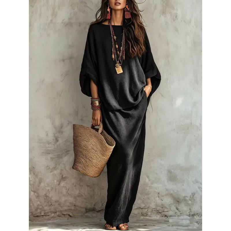 2026 Womens Loose Fit Solid Color Two-Piece Set T-Shirt Midi Skirt Casual Outfit
