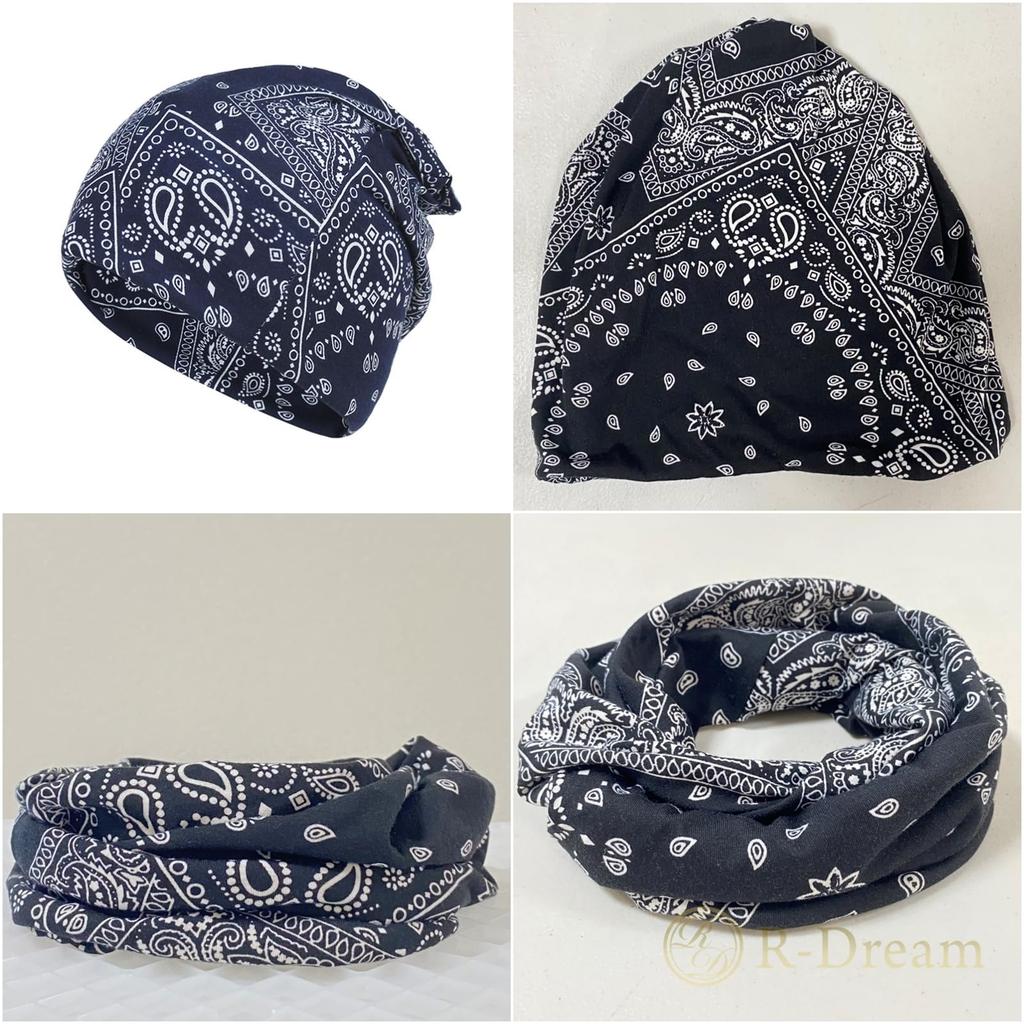 Paisley Print Hair Sun Cancer Openwork for Women Black 1 R-Dream Cap, Turban, Protection, Care, Chemotherapy, Thin, Breathable, Knit, (1 + Navy)