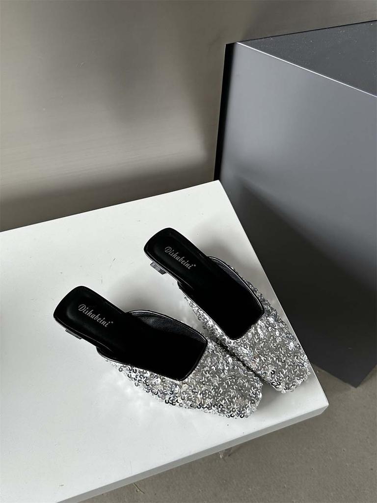 Fashion Square Toe Women Slides Slippers Summer Outside Dress Shoes Black Silver 2024 New Arrivals Party Thin Low Heels Sequined Cloth