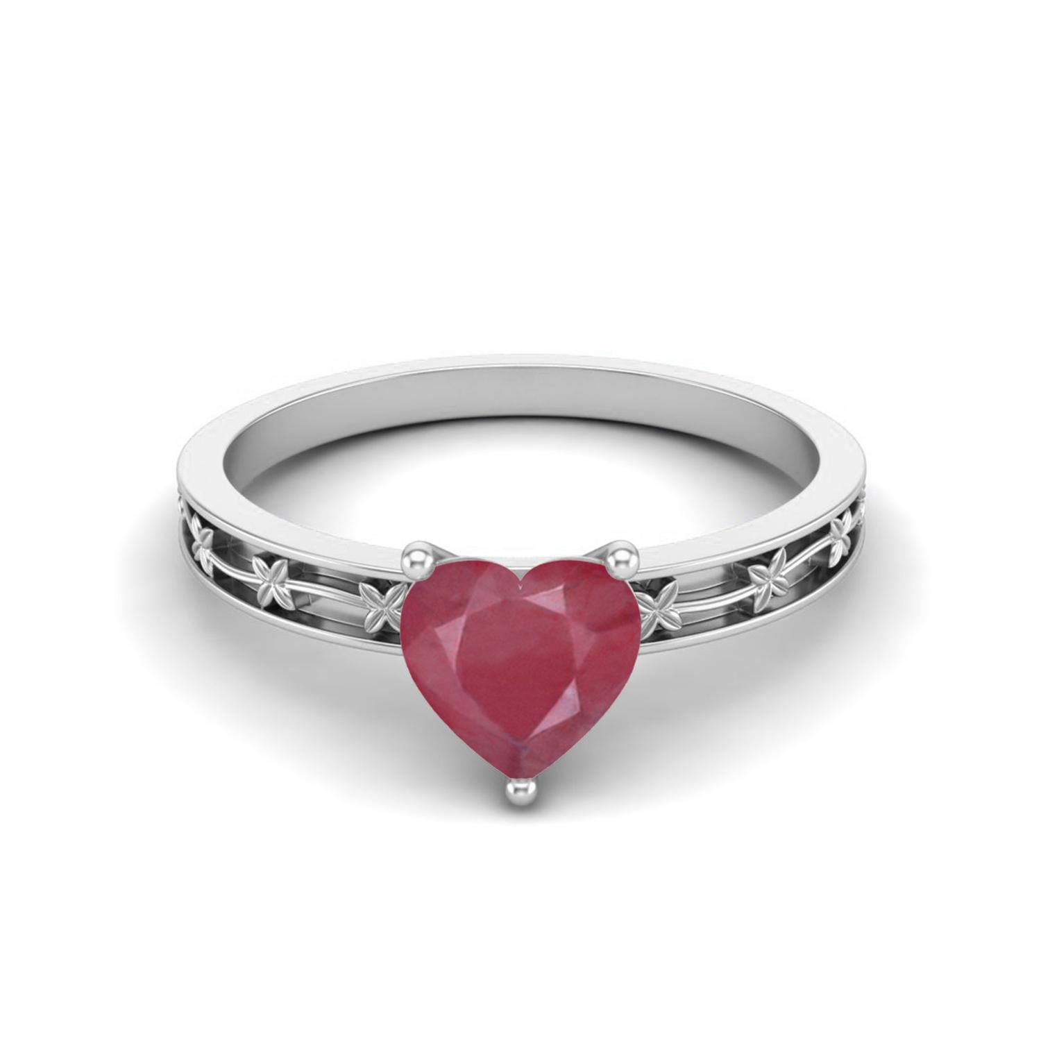 1.00 Cts Heart Shape Ruby 925 Sterling Silver Solitaire Flower Engraved Shank Engagement Women Love Ring 10