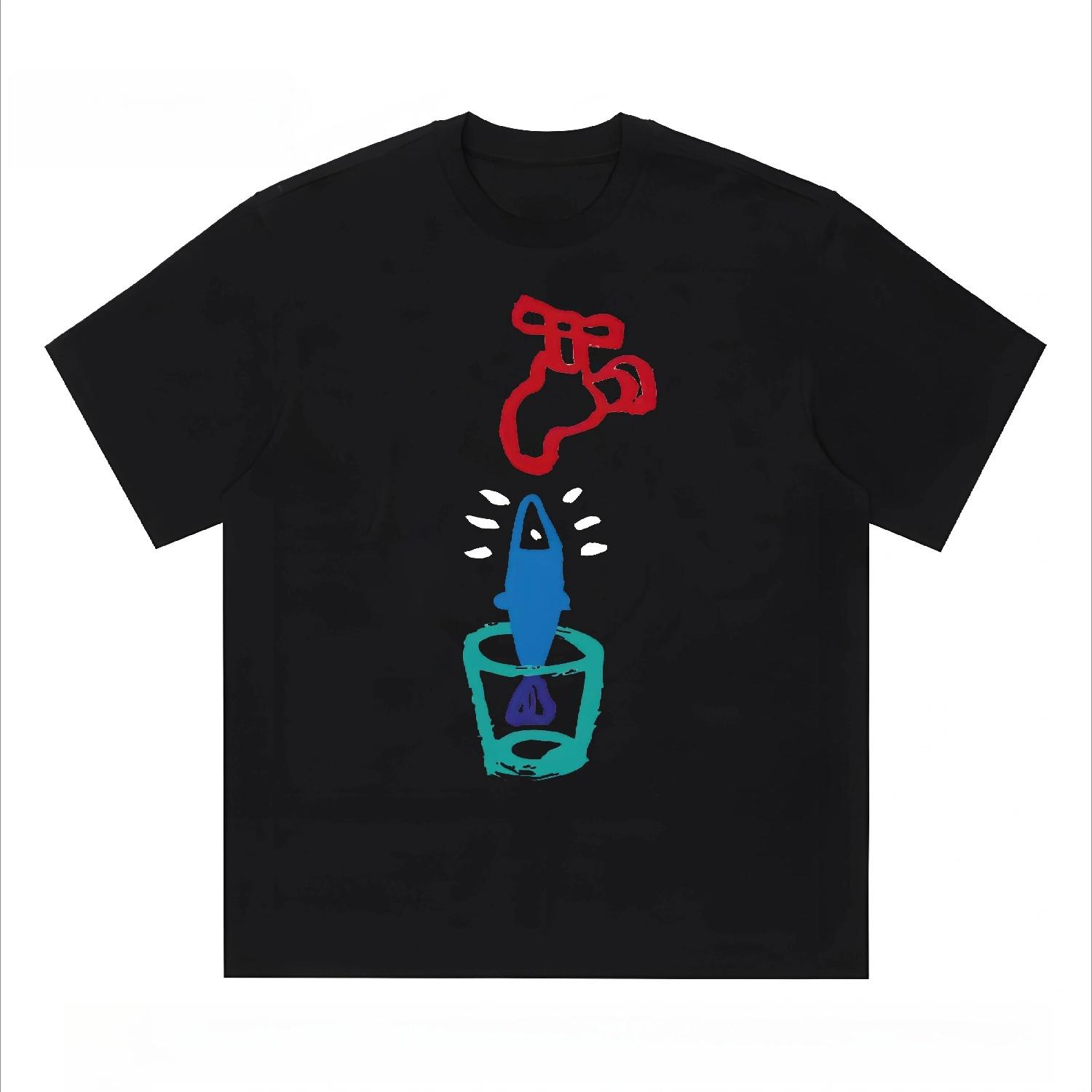 

Summer clothes Simple Sketch Little Fish Pattern Printed Short Sleeve Kids Tshirt Men s and Women s Comfort Loose Versatile Tops S чёрный