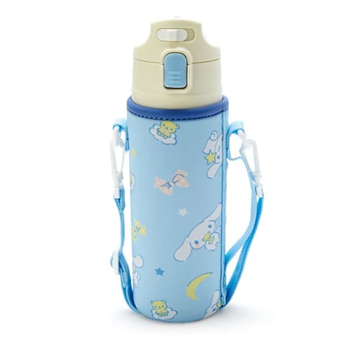 Sanrio Children's Water Bottle, 470ml, One-Touch, Stainless Steel, Cinnamoroll Design, Keeps Drinks Cold, Includes Pouch with Shoulder Strap, and Name