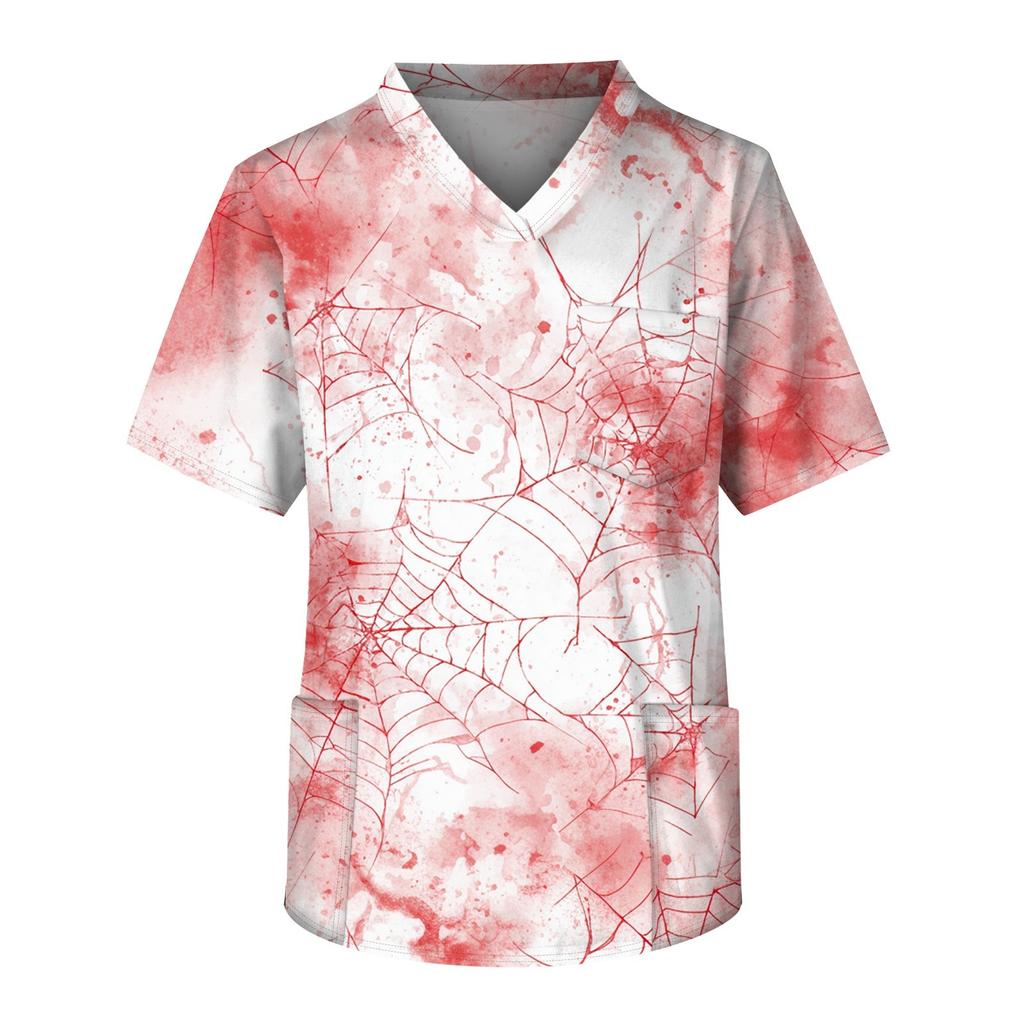 Top de îngrijire pentru bărbați cu mânecă scurtă, decolteu în V, imprimeu de Halloween, buzunar la piept