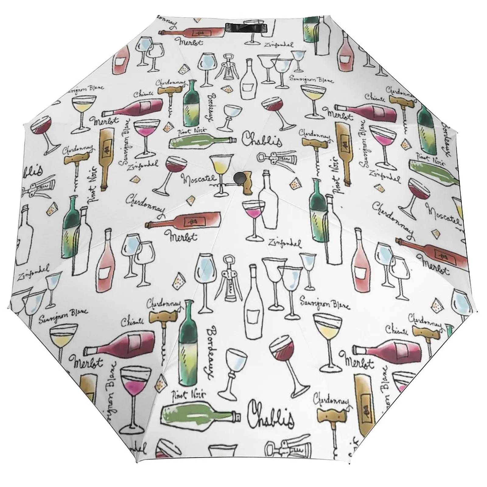 Colorful Wine Print 3 Fold Umbrella Home UV Protection Umbrellas Windproof Lightweight Non Automatic Umbrella