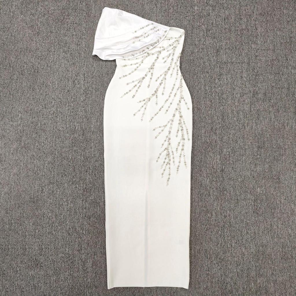 Elegant Handmade Beaded Off-the-Shoulder European & American Bandage Evening Dress