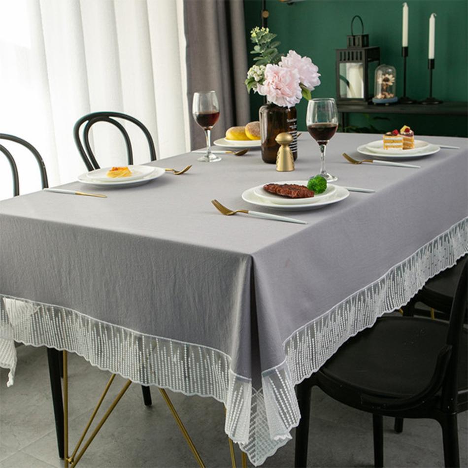 Solid Color Lace Edge Table Cover,French Retro Style Cotton Tablecloth,for Kitchen Dining Room Party Holiday Tabletop Decoration