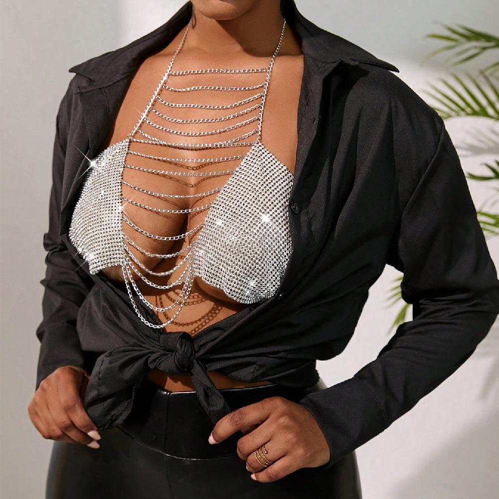 New Sexy Grid Flash Diamond Neck Sling Girl Nightclub Hottie Metal Breast Chain Top
