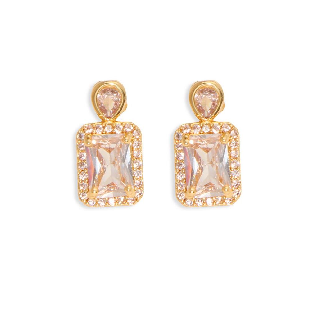 LNCHRAN Copper Cubic Zirconia Paved Rectangular Pendant Stud Earrings for Women - Elegant Golden Design