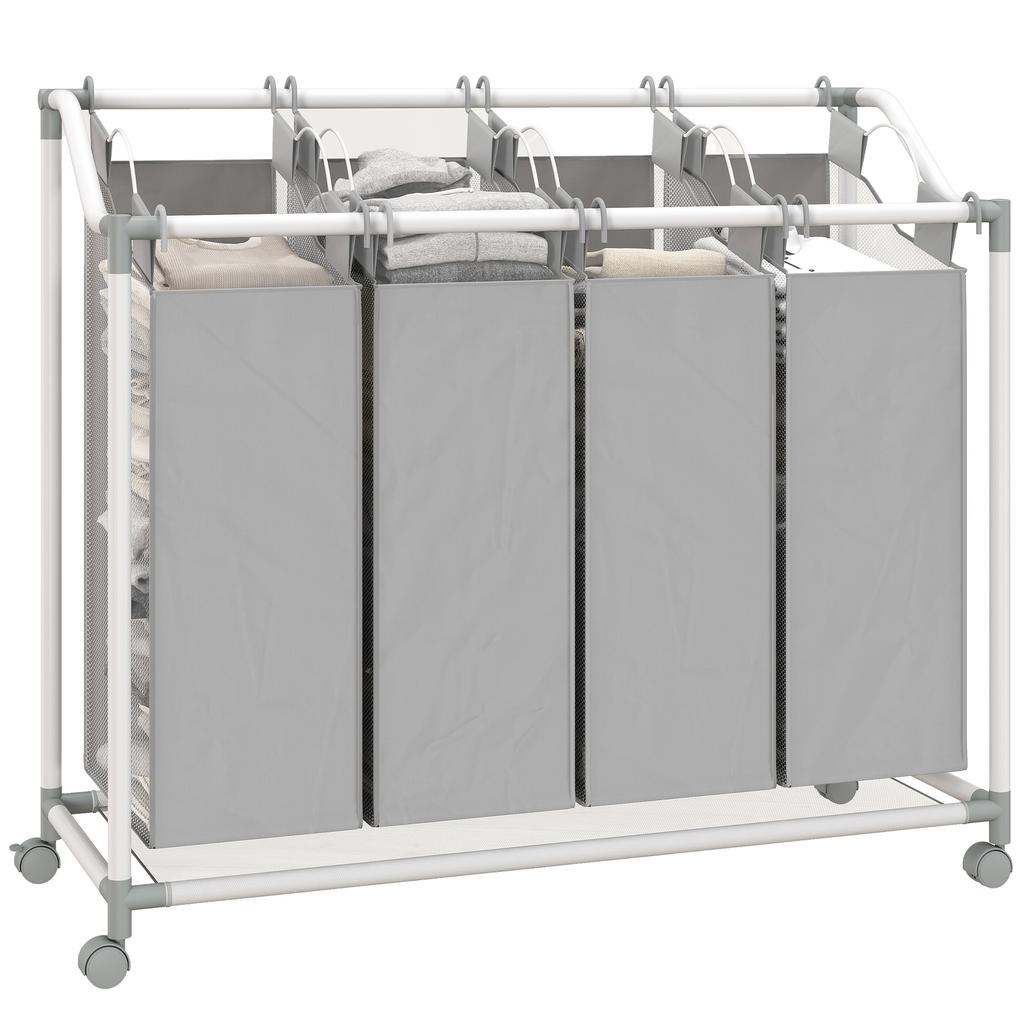 Laundry Basket with 4 Compartments, 160 L Laundry Sorter with Wheels, Removable Laundry Bag, 97 x 38 x 81 cm, Grey