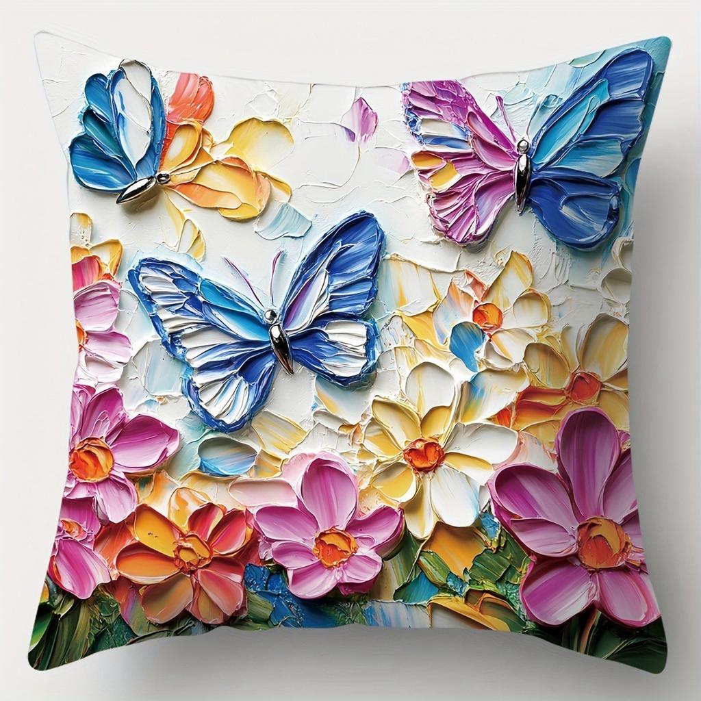 Colorful Butterflies And Flowers Pillow Cover Pattern Cushion Cover Suitable For Sofa Bedroom Car Pillow Cover