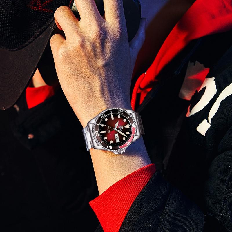 Orient Mechanical Watch Green Submariner Fully Automatic Watch Fashion Sports Diving Watch Round Stud Gradual Red RA-AA0814R19B