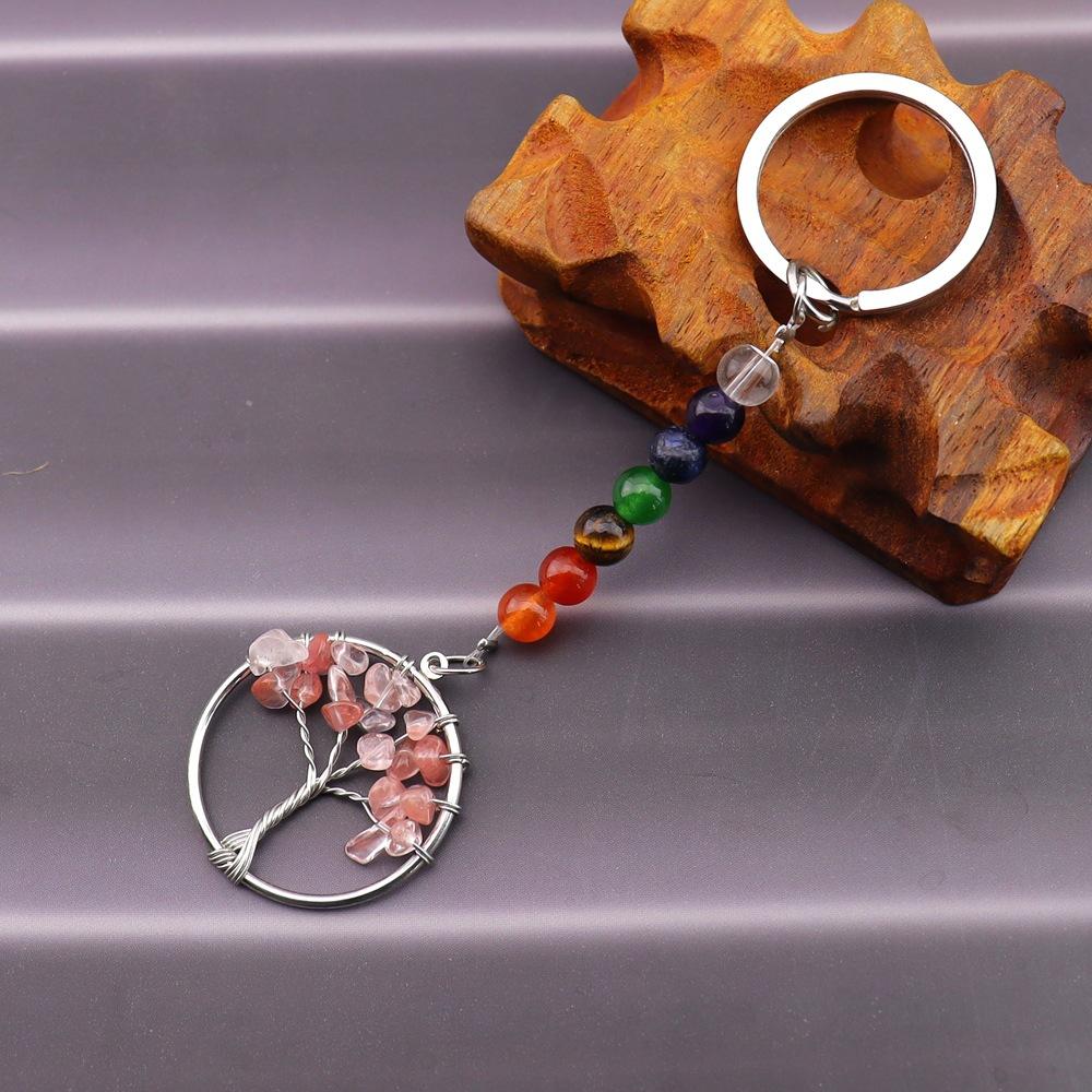 Gold Natural Crystal Colorful Stone Tree Of Life Keychain, Bag Pendant Pendant, Chakra Keychain K62
