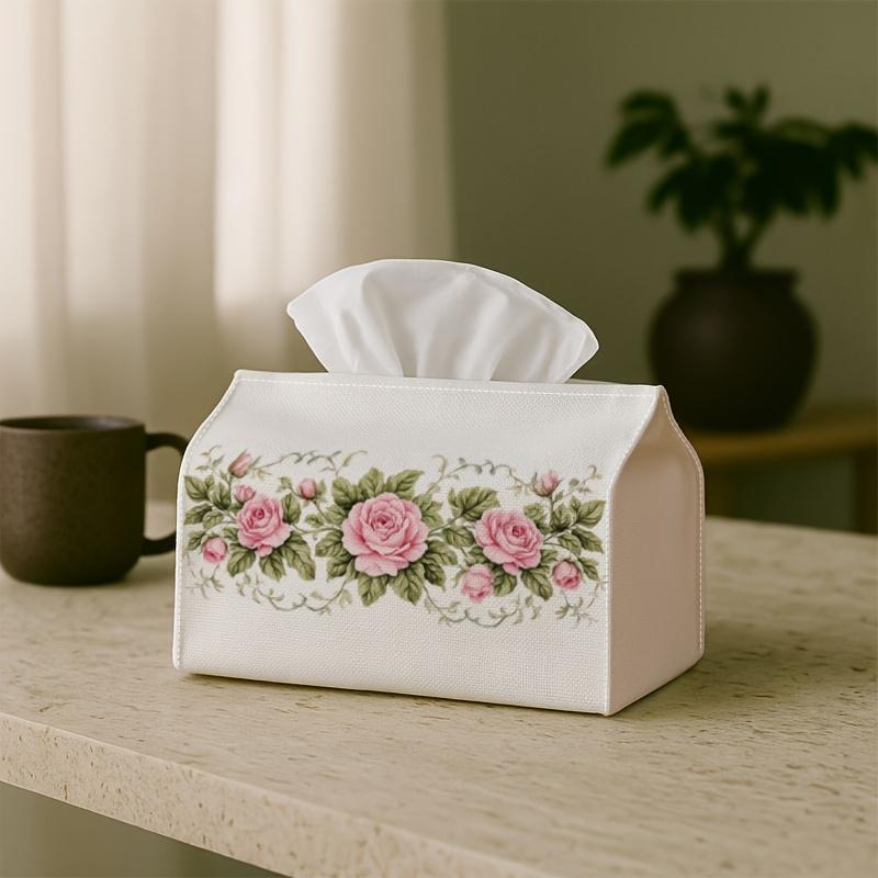 1pc Vintage Rose Botanical Tissue Box - Flower Classic Tissue Paper Holder For, Car, Office - Decorative Napkin Case, Rectangular Suitable for Living
