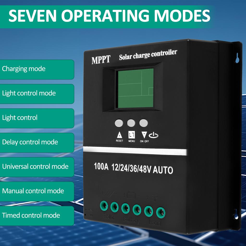 100A MPPT Solar Charge Controller 12/24/36/48v Intelligent Solar Panel Regulator with 2 USB & 7 Modes for Charging LCD Display
