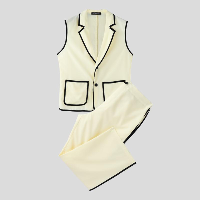 INCERUN Men Stitching Sleeveless Buttons Waistcoat And Long Straight Pants Sets