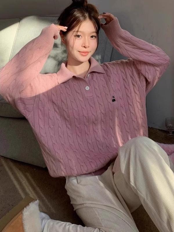 American Retro Polo Collar Sweater for Women - Blue Cable Knit Autumn Winter Top