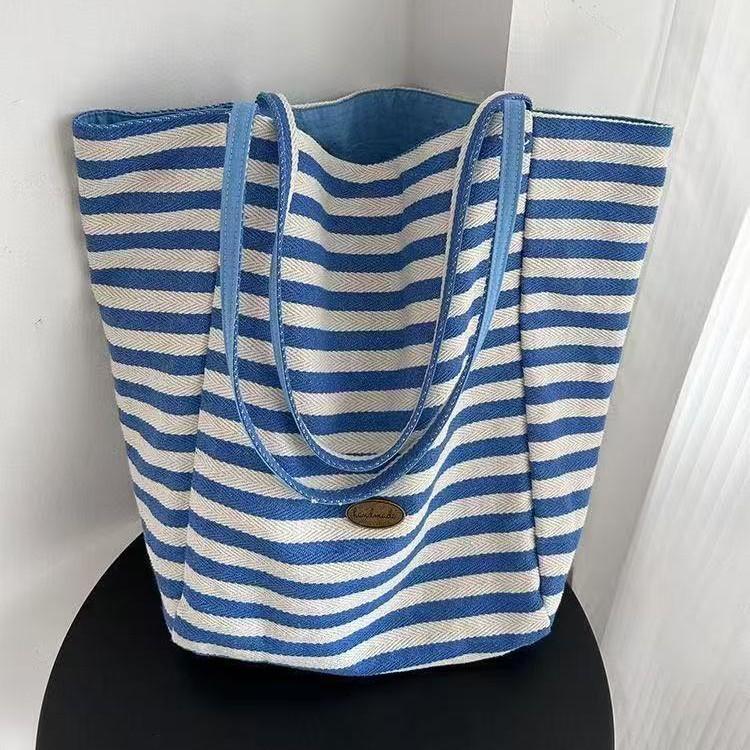 Summer Striped Canvas Bag I Lazy Wind Tote Bag Student Large Capacity Casual Shoulder Bag Women