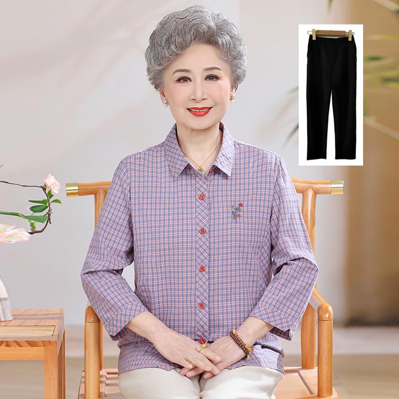 Mid-Length Pure Cotton Shirt for Elderly Women - Three-Quarter Sleeve Top for Spring/Summer