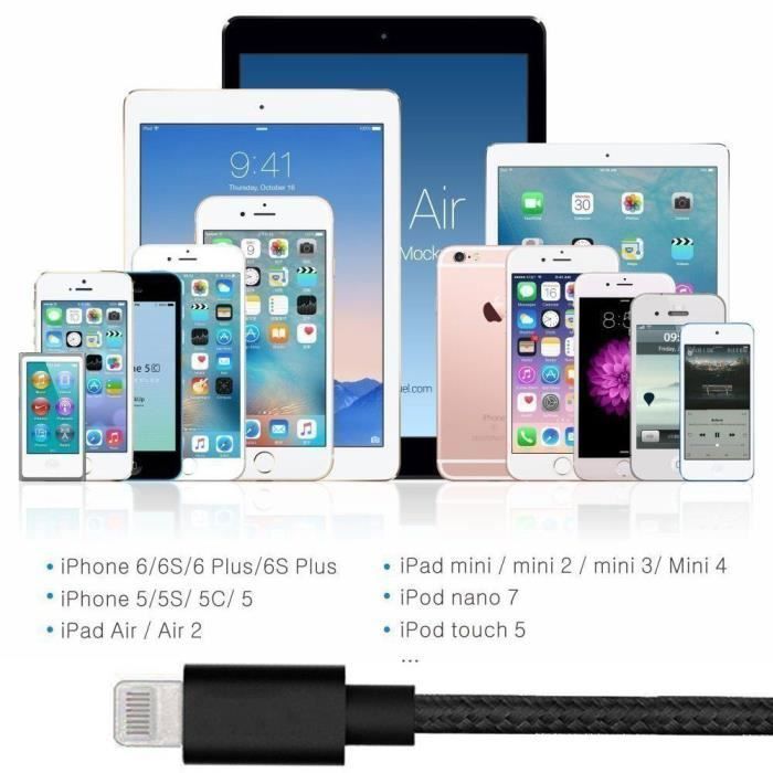 Câble USB - Non spécifié - Lot de 3 - 2M - Nylon Noir - Compatible avec iPhone