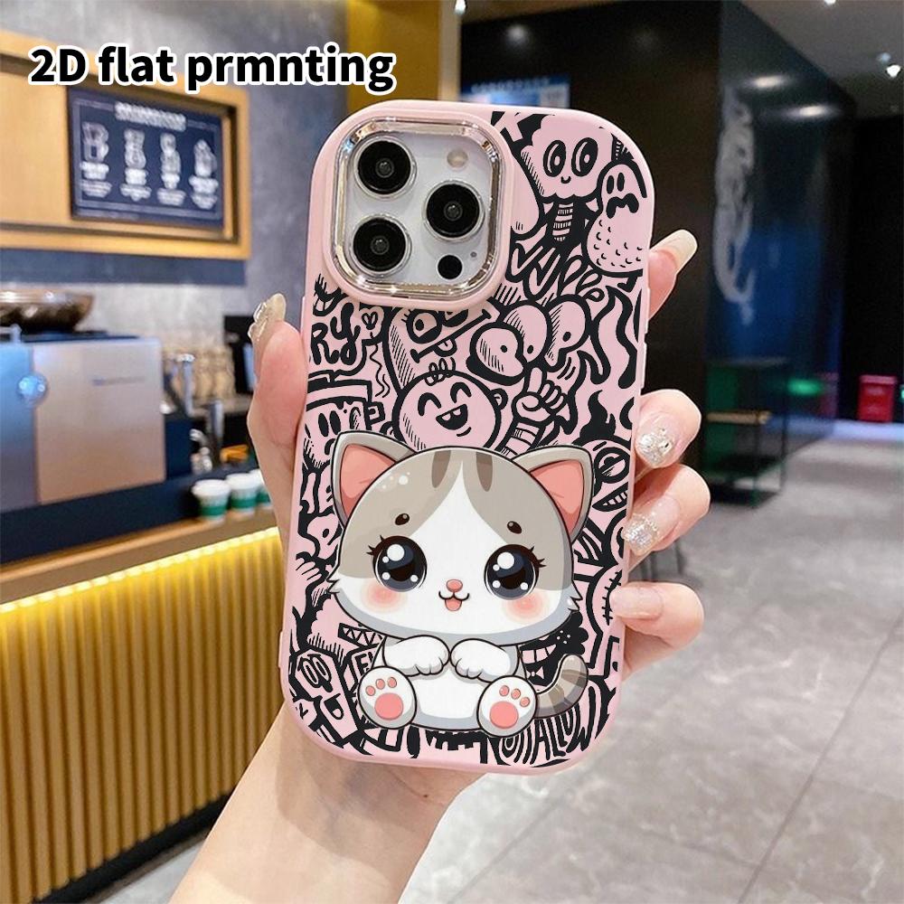 Phone Case: 2D Flat Design Suitable for iPhone 18 17 16 15 14 13 Pro Protective Case, Couple Style, Gray and White Kitten, Christmas and Halloween Gif
