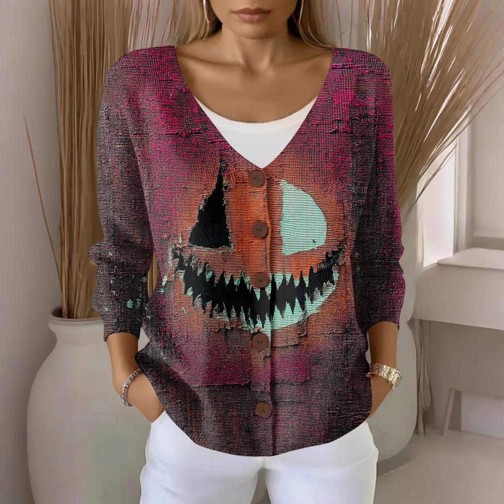 Women's Fashion Casual Knit Sweater Button-Up Halloween Printed  Cardigan Jacket