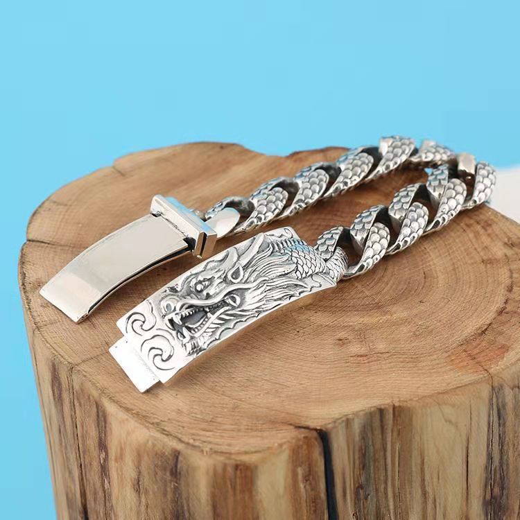 2026 Trendy Brand Chain Jewelry Retro Personality Domineering Dragon Pattern Men's Bracelet Carved Faucet Silver Chain