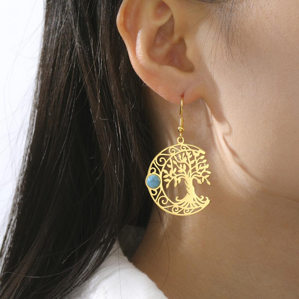 Dawapara Filigree Crescent Moon Tree of Life Dangle Earrings Turquoise Celtics Moon Wiccan Pendant Stainless Steel Jewelry