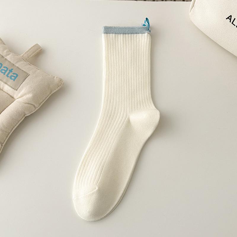 Spring and Autumn Cream Baby Blue Stripe Small Fresh Heel Love Cloth Label Medium Tube Stacking Socks Children