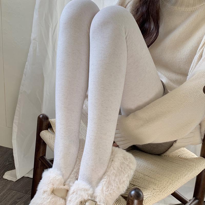 Women's High-Waist Cotton Leggings - Thick, Velvet-Lined, Stirrup Tights In Milk White & Beige for Autumn/Winter