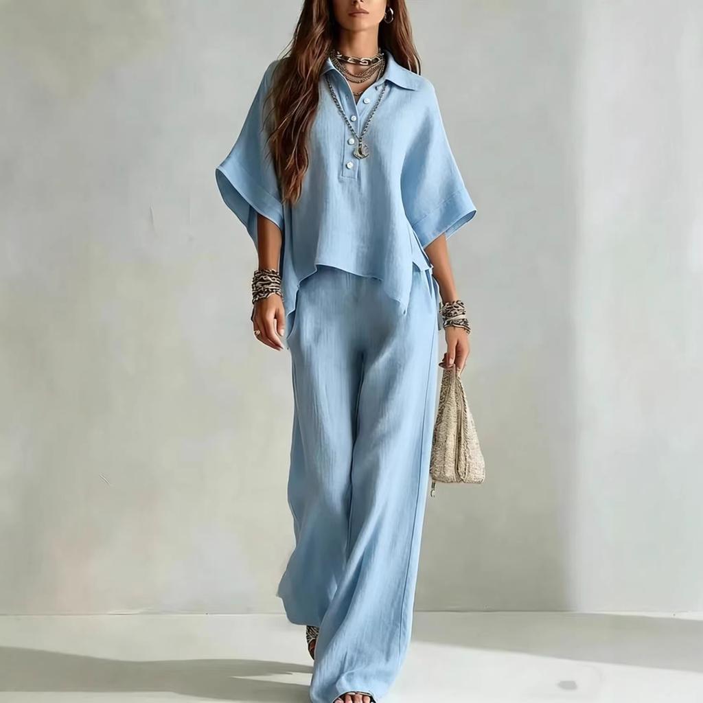 Solid Color Pants Set Summer Loose Half-sleeved Shirt Loose Wide-leg Trousers Two-piece Set Fashion Vacation Suit