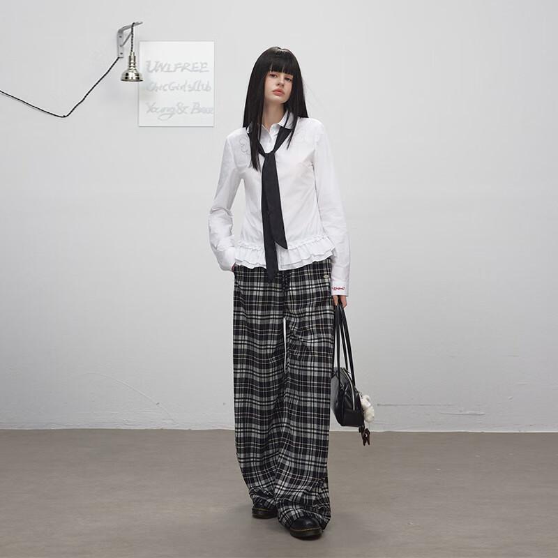 unifree Retro Plaid Brushed Wide-Leg Casual Pants