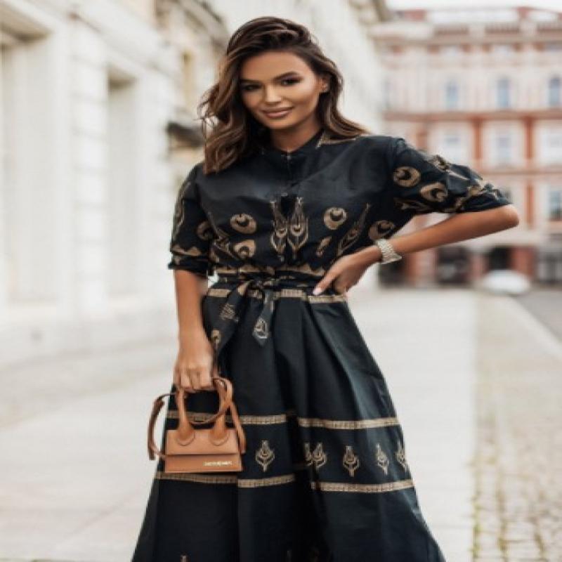 European and American Cross-Border New Short Sleeve Positioning Flower Linen Belt Mid-Length Shirt Dress