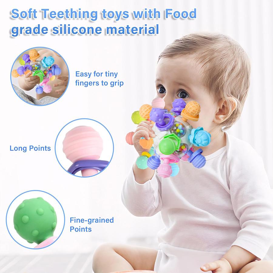 Montessori 0-12 Months Baby Sensory Rattle Teether Toys , Grasping Activity Development Silicone Toys,  Birthday Christmas Gift