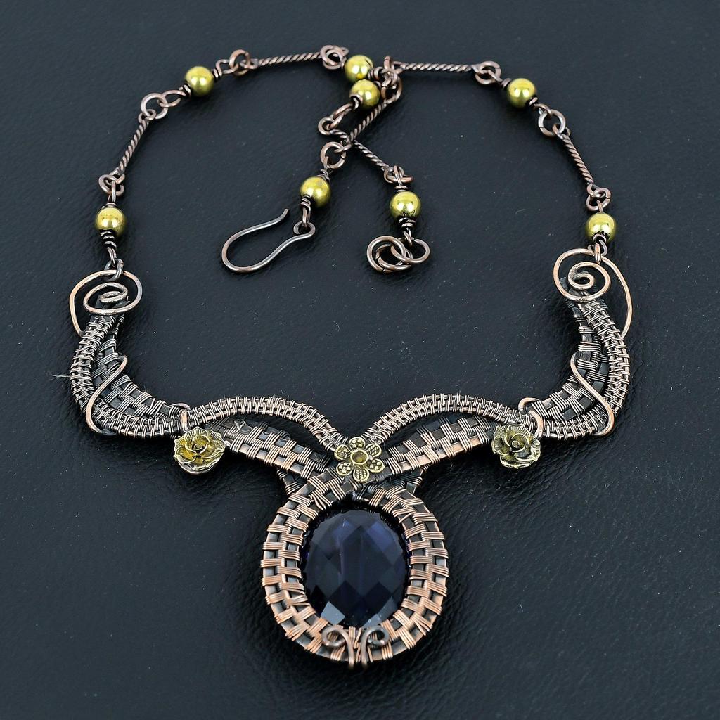Tanzanite Handmade Gemstone Necklace, 999 Copper Wire Wrapped Necklace Antique Jewelry, Adjustable Chain Necklace Engagement Gift