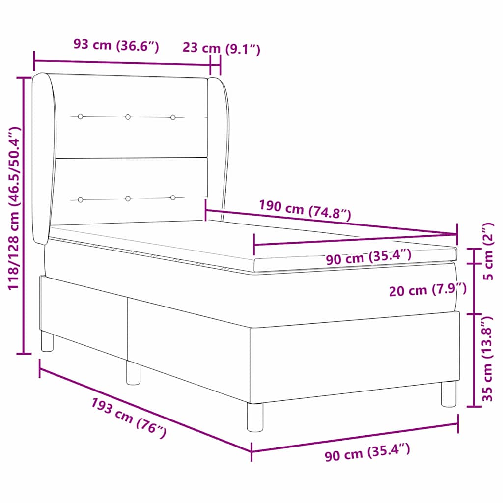 Box Spring Bed with Mattress and Headboard Cream 190 X 90 Cm Fabric