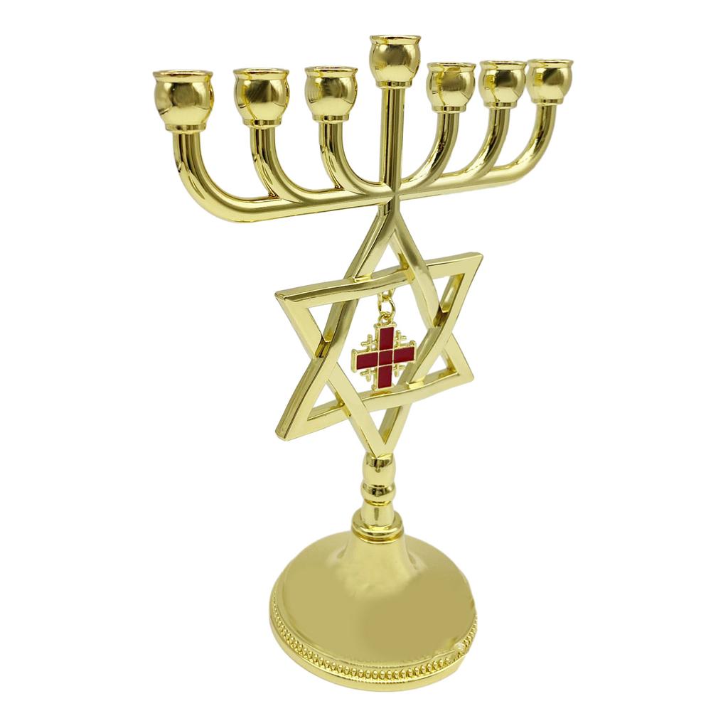 7 Branch Jewish Metal Star of David Candle Holder with Cross Pendant Menorah Ornament Temple Candlestick Candle Stand