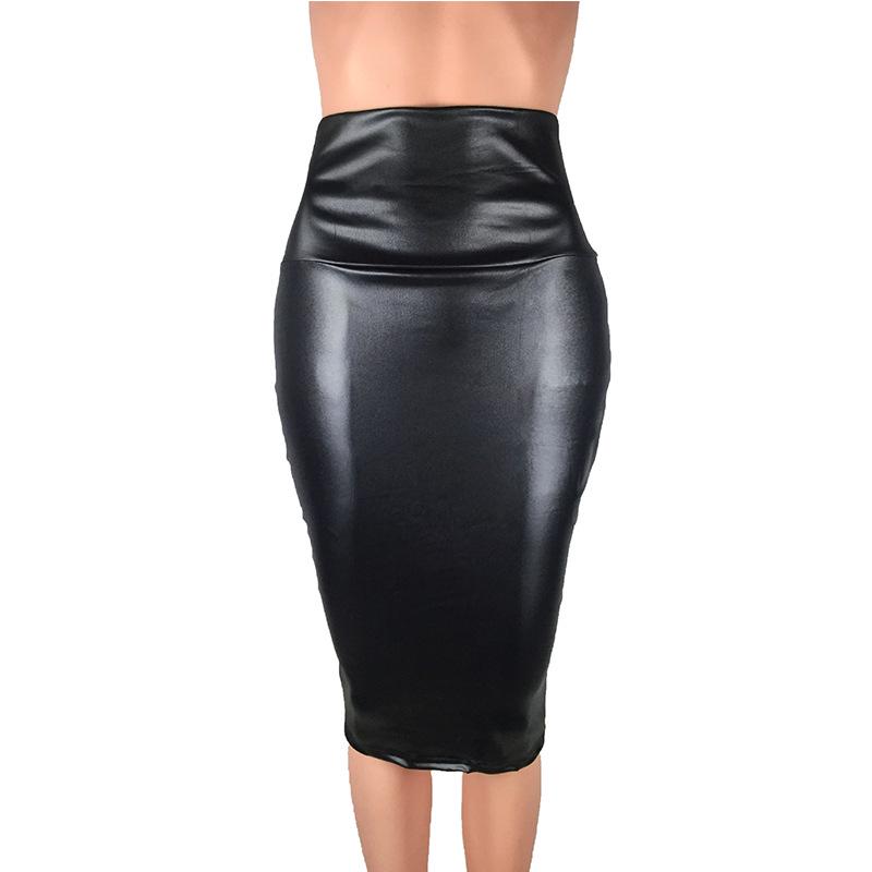 European & American Matte Faux Leather High Waist Knee-Length Bodycon Skirt for Women