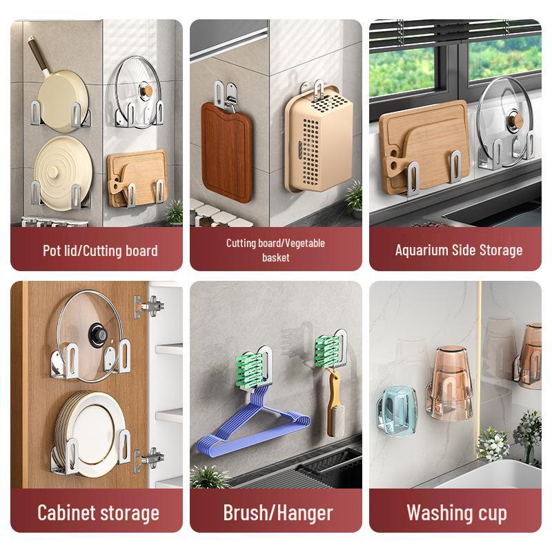 Punch-free Wall-mounted Kitchen Storage Rack for Pot Lids, Cutting Boards, and Drainage.