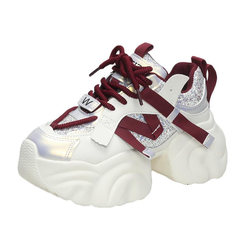 

Fashion Women s Spring Autumn Platform Sequin Sneakers Lace-up Chunky Heeled Casual Shoes for Woman Versatile Tennis Vulcanize Shoes 34 червоний