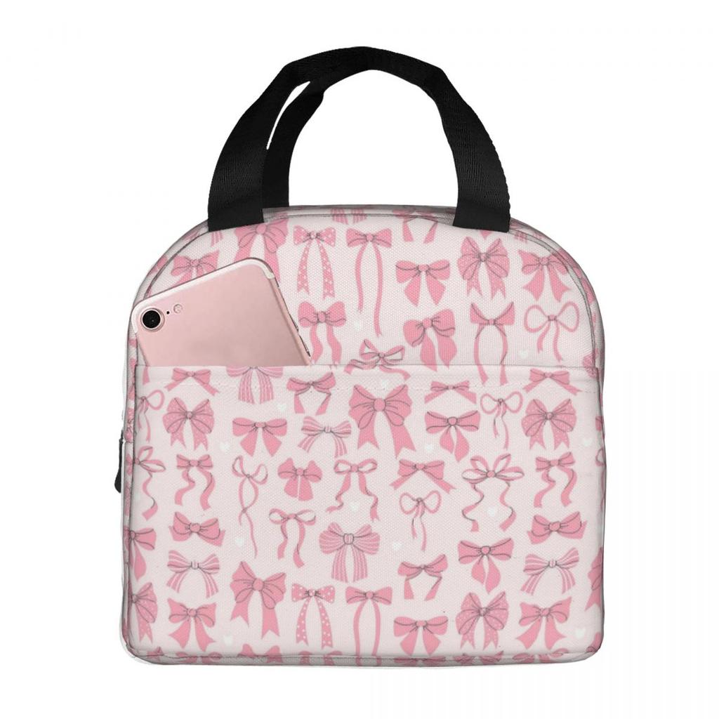 Various Pink Colorful Bow Tie Insulated Lunch Bag for Women Office Cooler Thermal Food Box Tote Portable Lunch Boxes Container